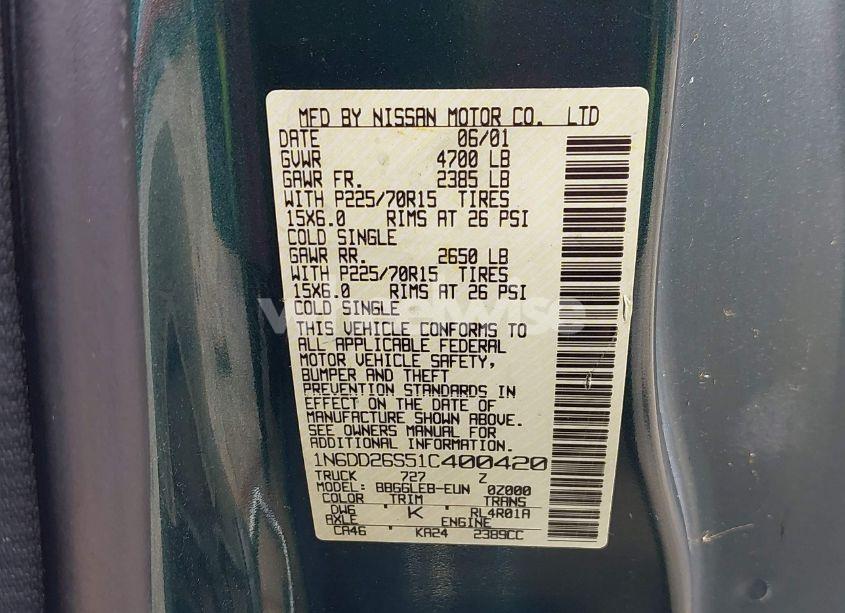 Photo 9 of 2001 Nissan Frontier XE (VIN 1N6DD26S51C400420)