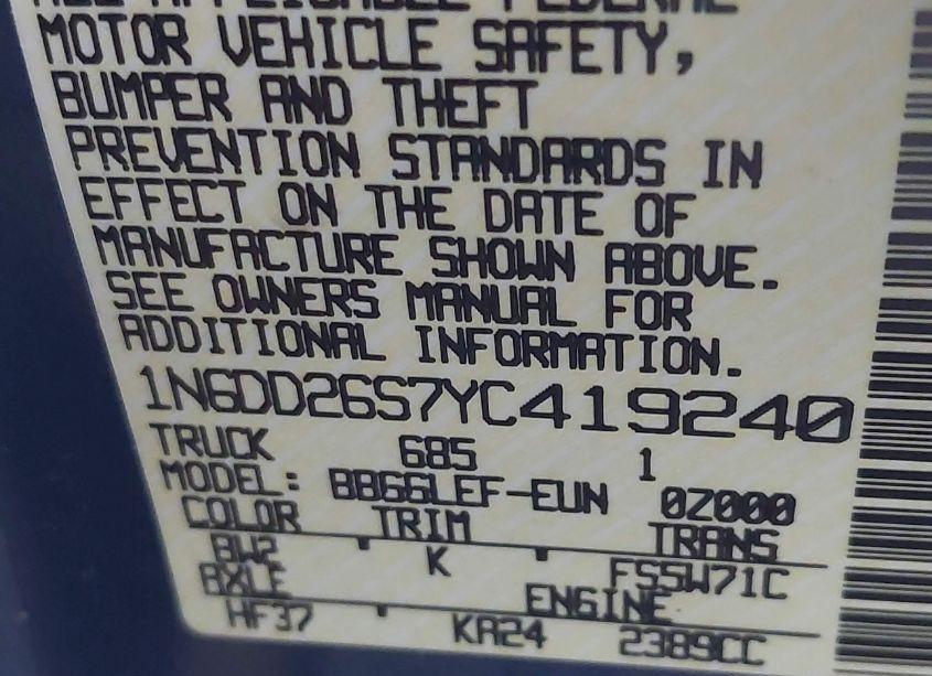 Photo 9 of 2000 Nissan Frontier XE (VIN 1N6DD26S7YC419240)