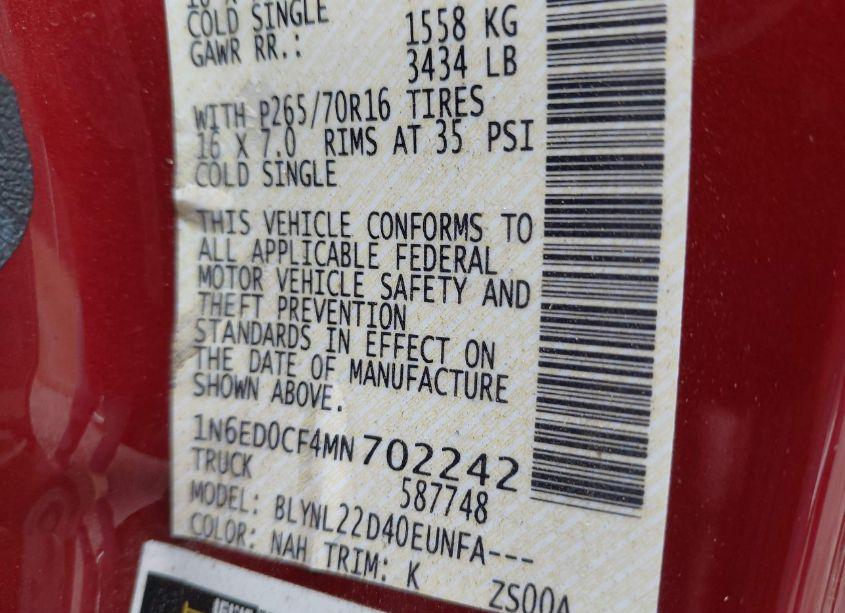 Photo 9 of 2021 Nissan Frontier SV 4X4 (VIN 1N6ED0CF4MN702242)