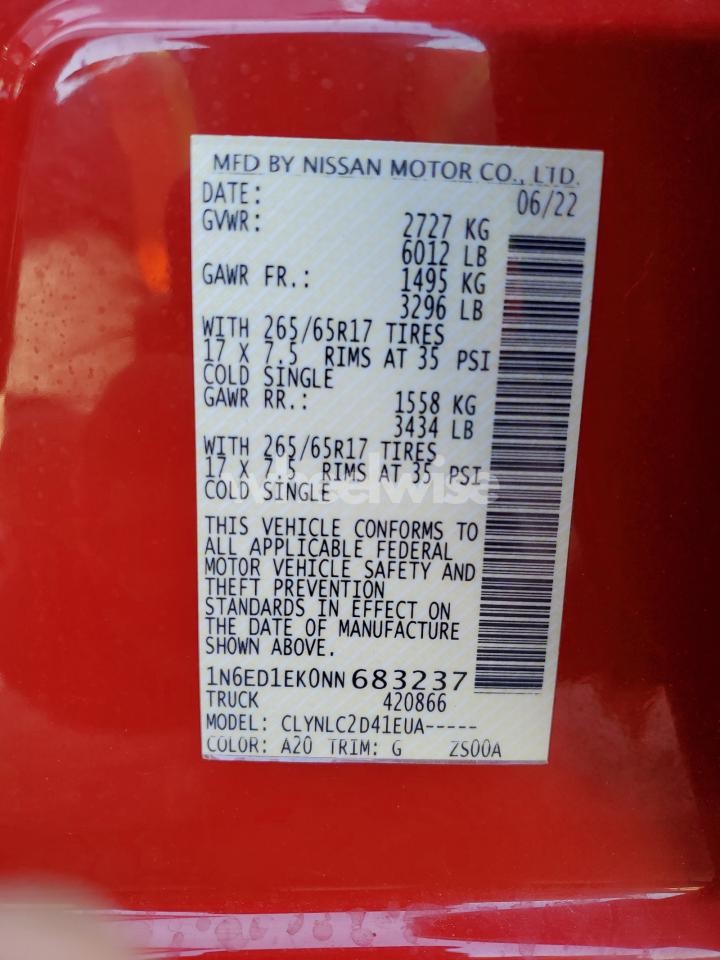 Photo 12 of 2022 NISSAN FRONTIER S N/A (VIN 1N6ED1EK0NN683237)