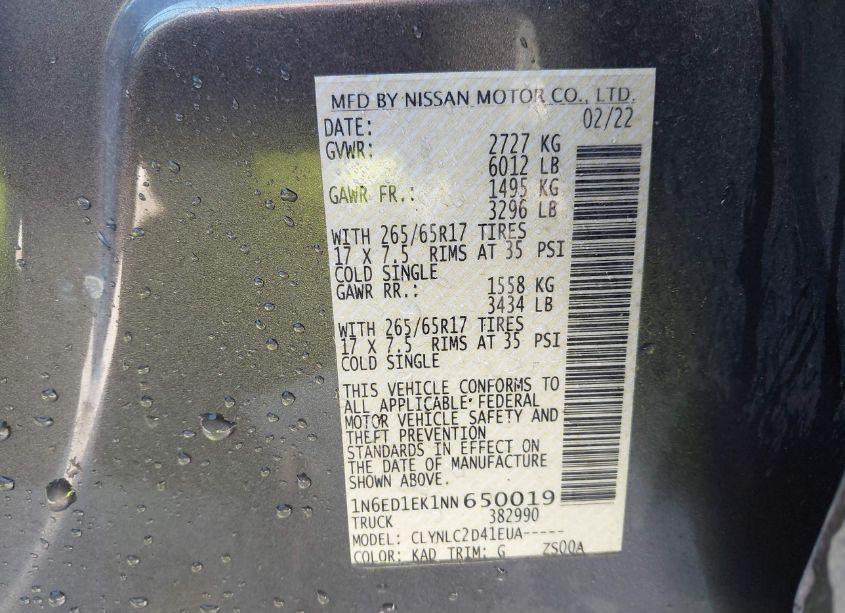 Photo 9 of 2022 Nissan Frontier SV 4X4 (VIN 1N6ED1EK1NN650019)