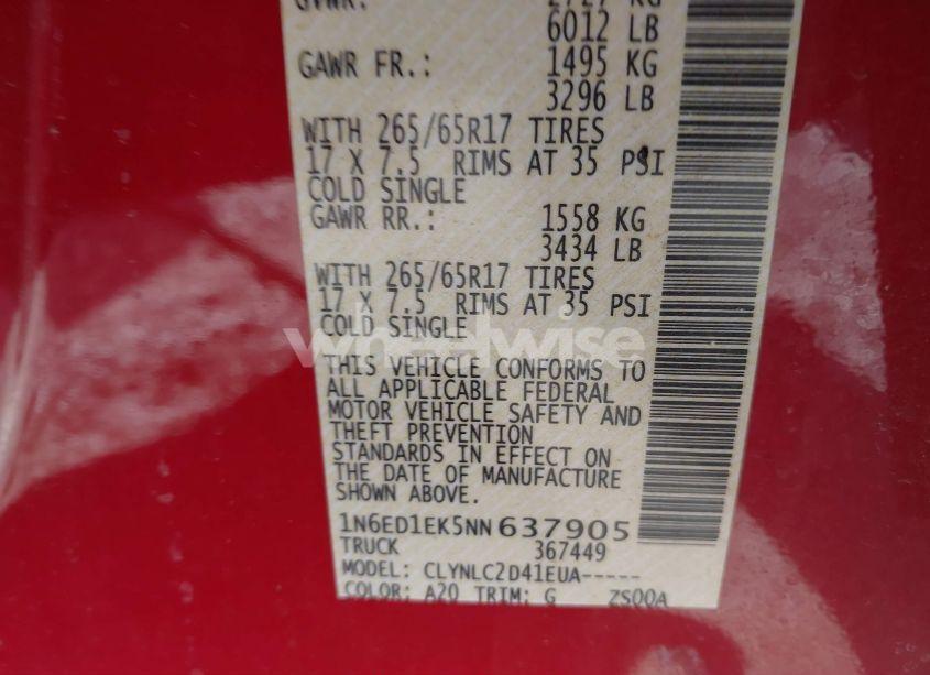 Photo 9 of 2022 Nissan Frontier SV 4X4 (VIN 1N6ED1EK5NN637905)