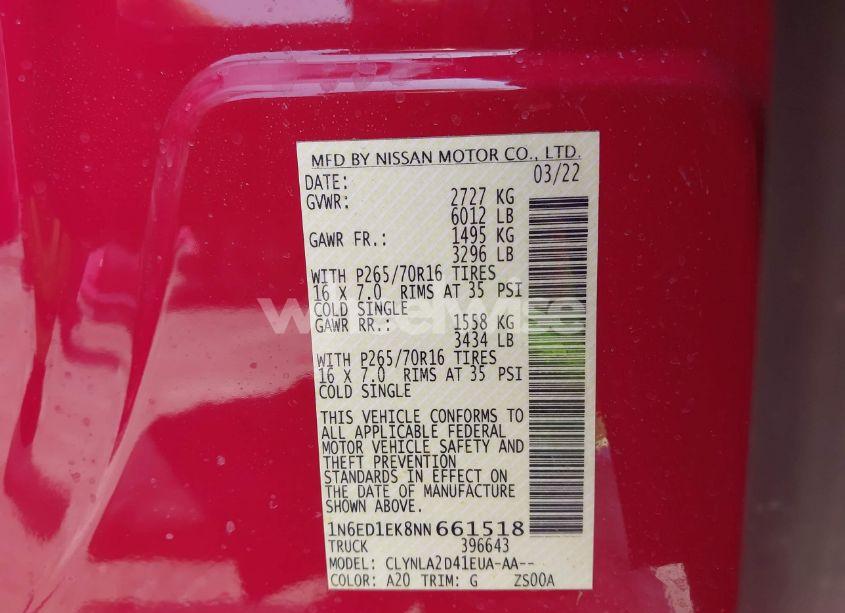 Photo 9 of 2022 Nissan Frontier S 4X4 (VIN 1N6ED1EK8NN661518)