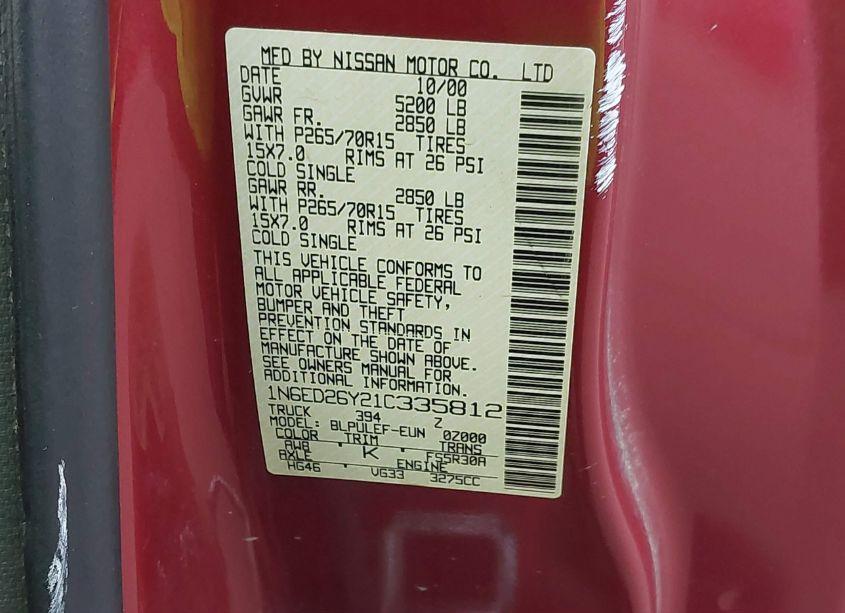 Photo 9 of 2001 Nissan Frontier XE-V6 (VIN 1N6ED26Y21C335812)