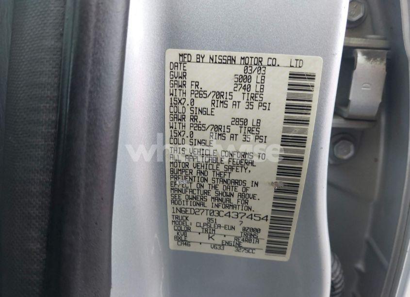 Photo 9 of 2003 Nissan Frontier XE-V6 (VIN 1N6ED27T03C437454)