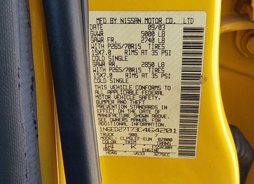 Photo 9 of 2003 Nissan Frontier XE-V6 (VIN 1N6ED27T73C464201)