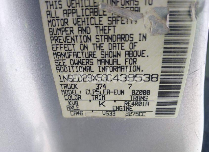 Photo 9 of 2003 Nissan Frontier XE-V6 (VIN 1N6ED29X53C439538)