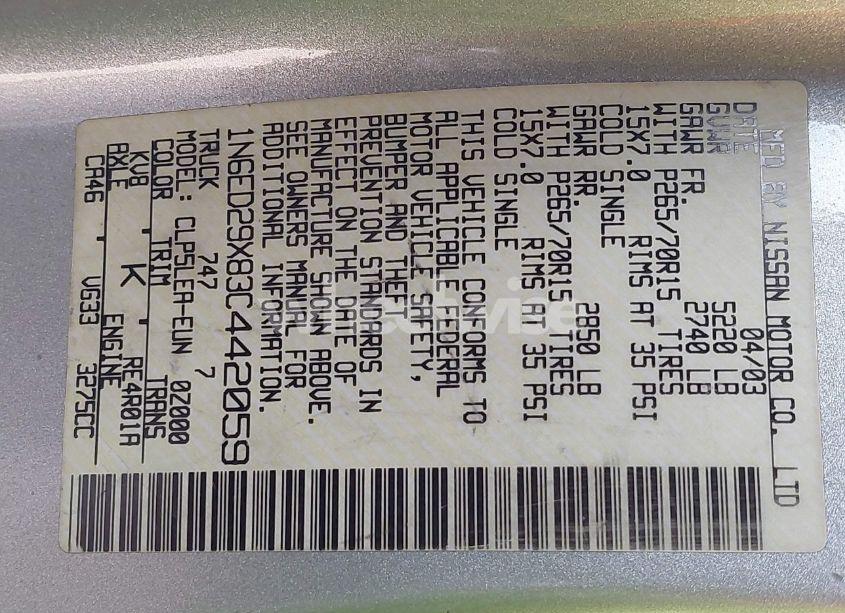 Photo 9 of 2003 Nissan Frontier XE-V6 (VIN 1N6ED29X83C442059)