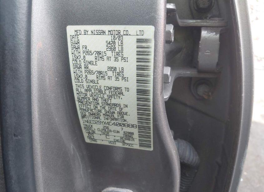 Photo 9 of 2004 Nissan Frontier XE-V6 (VIN 1N6ED29YX4C400888)