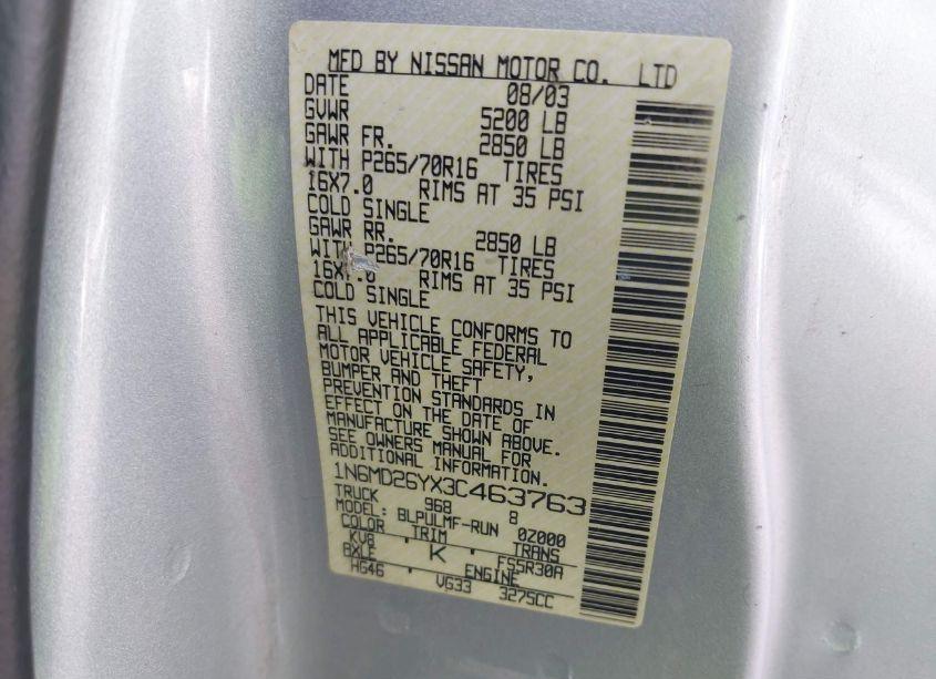 Photo 9 of 2003 Nissan Frontier SVE-V6 (VIN 1N6MD26YX3C463763)