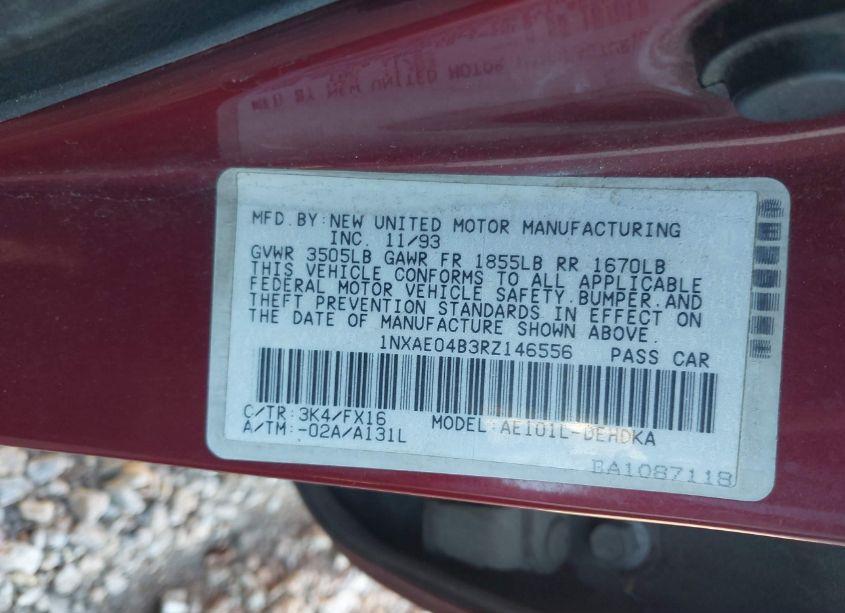 Photo 9 of 1994 Toyota Corolla (VIN 1NXAE04B3RZ146556)