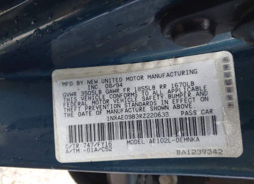 Photo 9 of 1994 Toyota Corolla LE/DX (VIN 1NXAE09B3RZ220633)