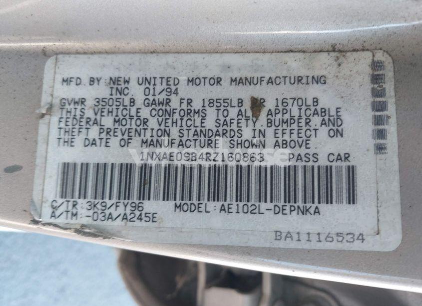 Photo 9 of 1994 Toyota Corolla LE/DX (VIN 1NXAE09B4RZ160863)