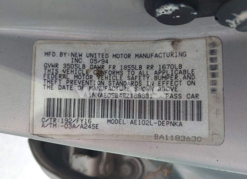 Photo 9 of 1994 Toyota Corolla LE/DX (VIN 1NXAE09B4RZ189831)