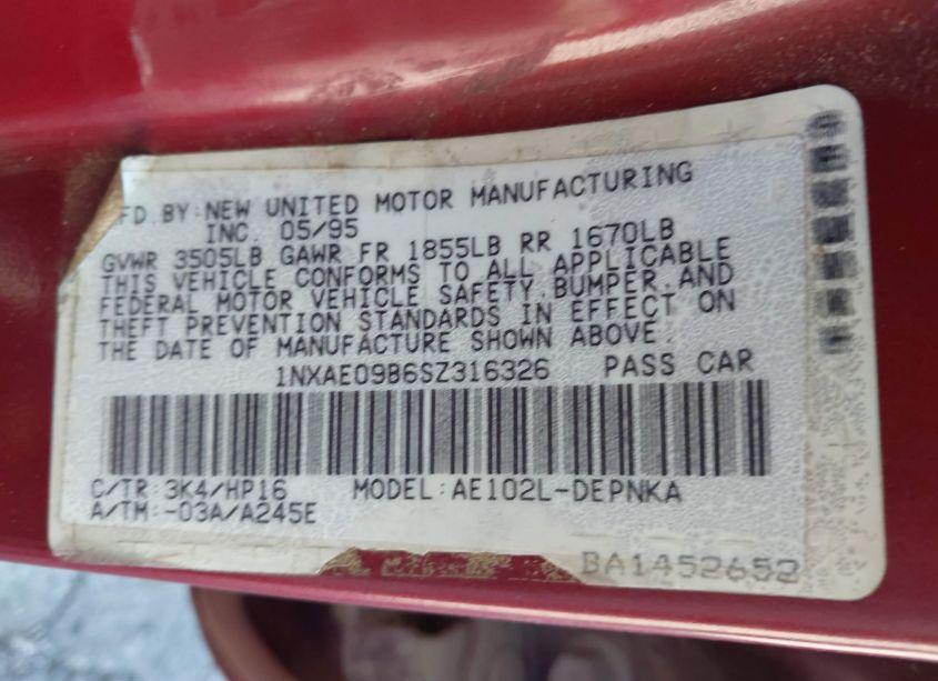 Photo 9 of 1995 Toyota Corolla LE/DX (VIN 1NXAE09B6SZ316326)