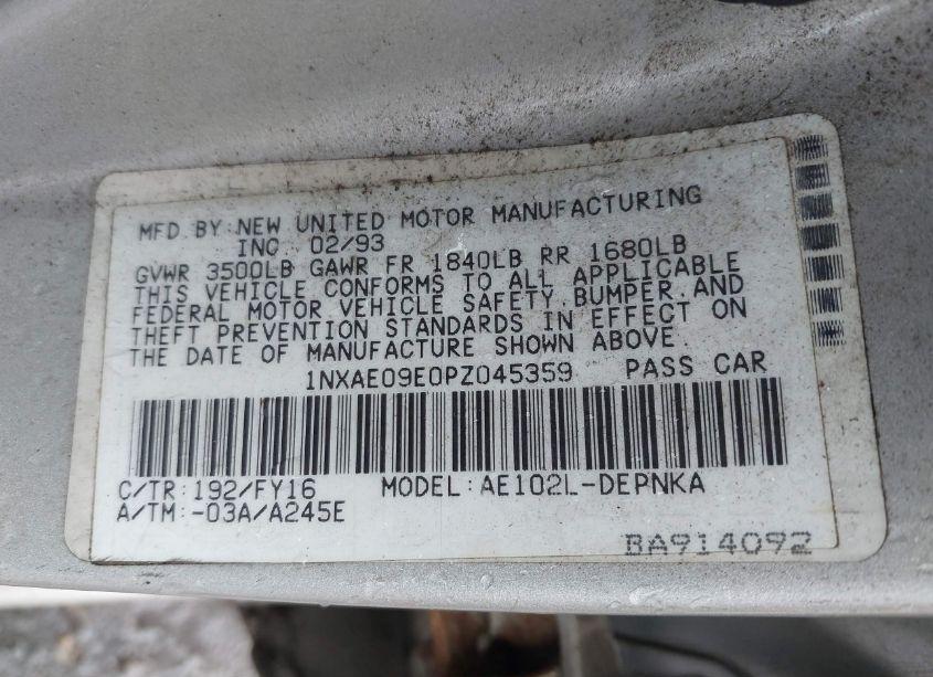 Photo 9 of 1993 Toyota Corolla LE/DX (VIN 1NXAE09E0PZ045359)