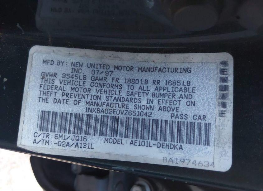 Photo 9 of 1997 Toyota Corolla STD (VIN 1NXBA02E0VZ651042)