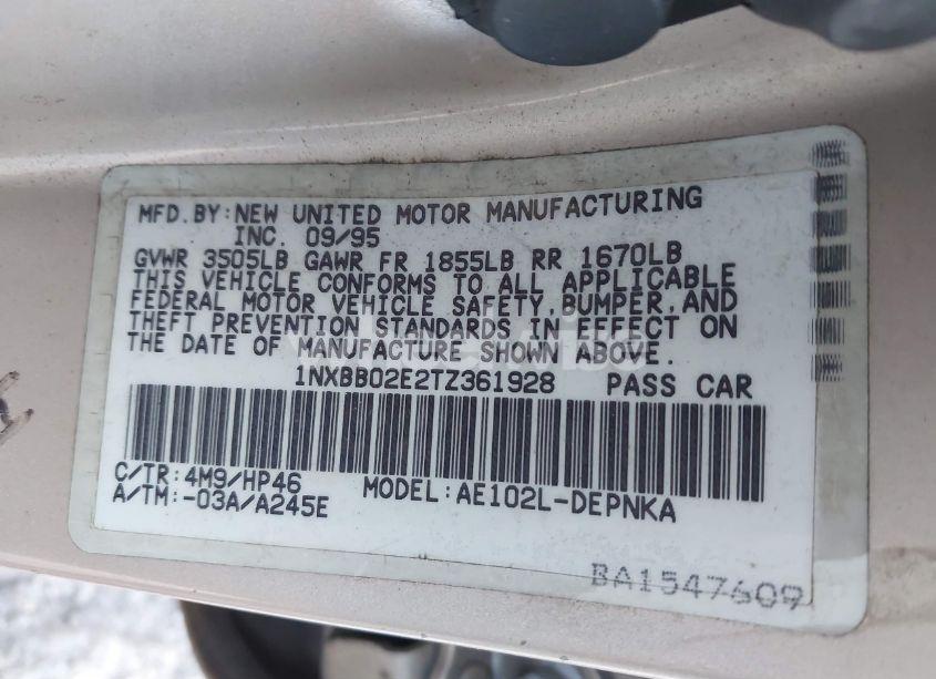 Photo 9 of 1996 Toyota Corolla DX (VIN 1NXBB02E2TZ361928)