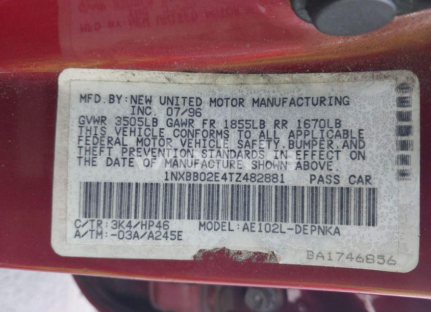 Photo 9 of 1996 Toyota Corolla DX (VIN 1NXBB02E4TZ482881)