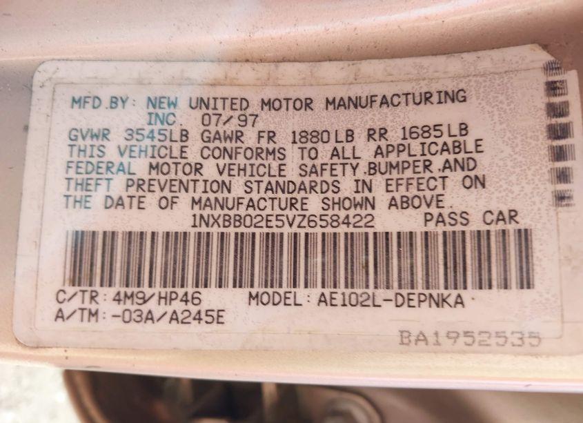 Photo 9 of 1997 Toyota Corolla DX (VIN 1NXBB02E5VZ658422)