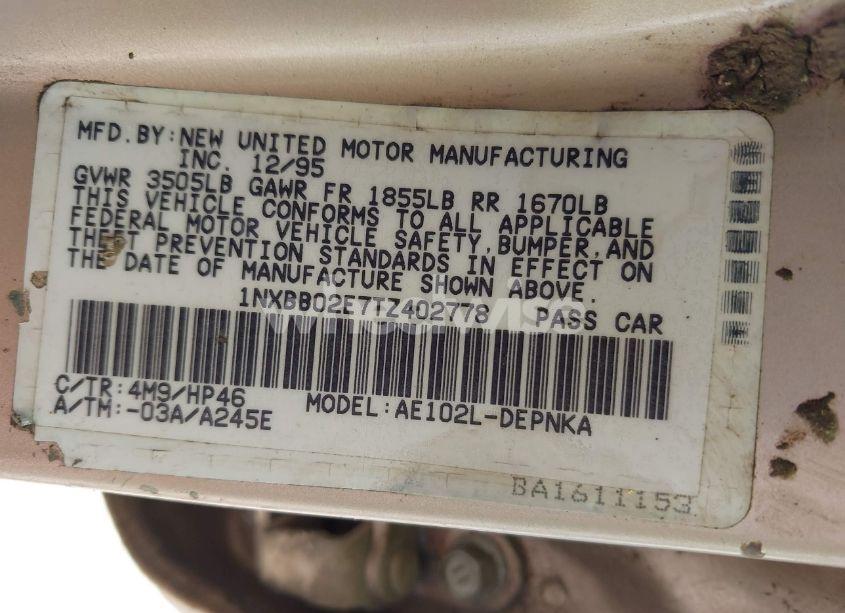 Photo 9 of 1996 Toyota Corolla DX (VIN 1NXBB02E7TZ402778)