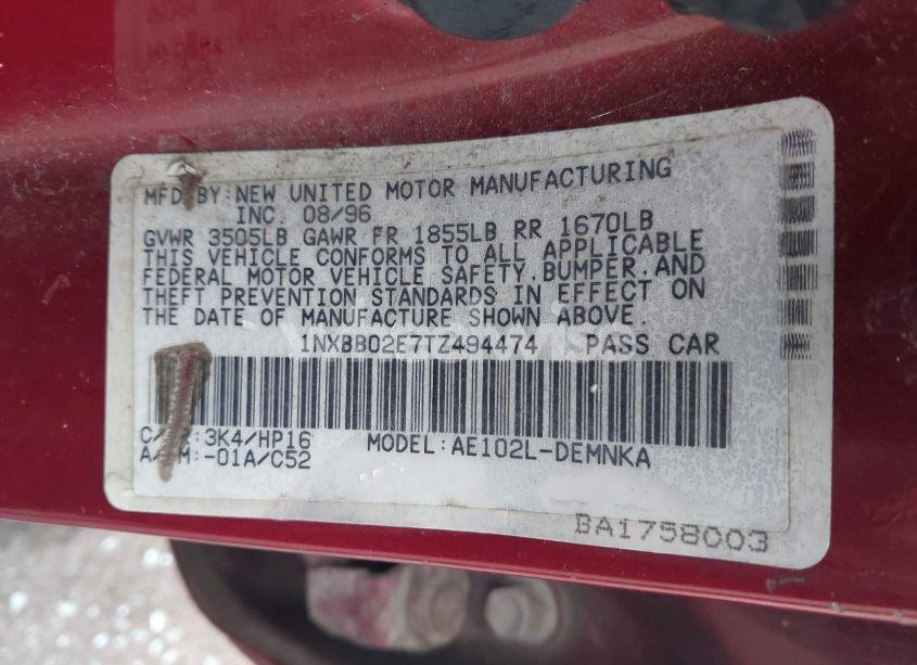 Photo 9 of 1996 Toyota Corolla DX (VIN 1NXBB02E7TZ494474)