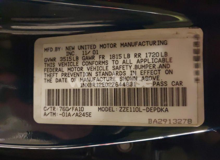 Photo 9 of 2002 Toyota Corolla LE (VIN 1NXBR12E02Z644831)