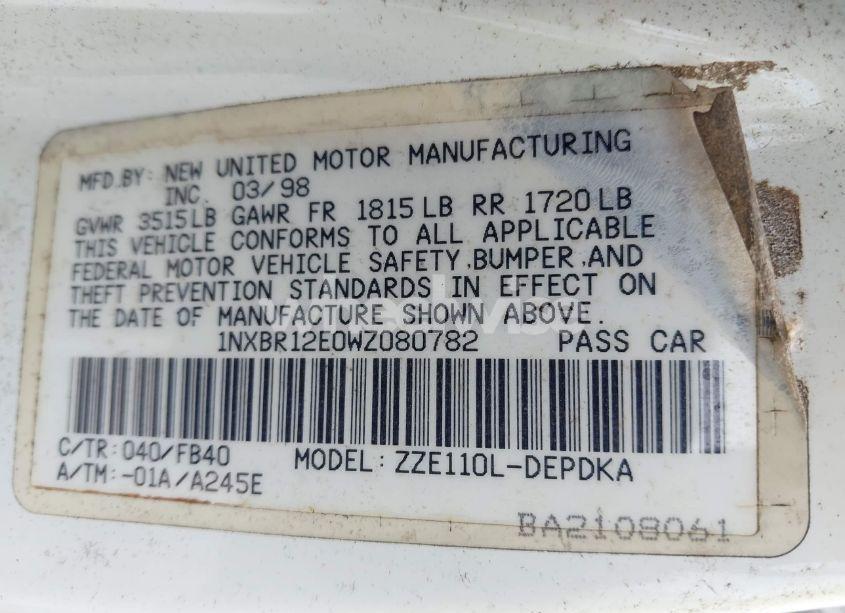 Photo 9 of 1998 Toyota Corolla CE (VIN 1NXBR12E0WZ080782)