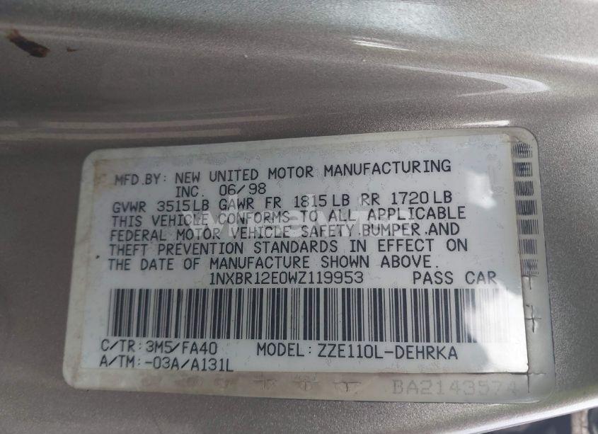 Photo 9 of 1998 Toyota Corolla VE (VIN 1NXBR12E0WZ119953)