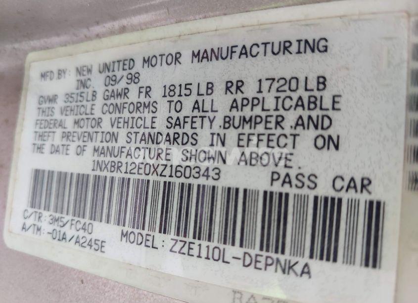 Photo 9 of 1999 Toyota Corolla LE (VIN 1NXBR12E0XZ160343)