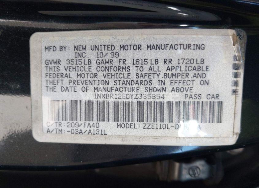 Photo 9 of 2000 Toyota Corolla VE (VIN 1NXBR12E0YZ335854)