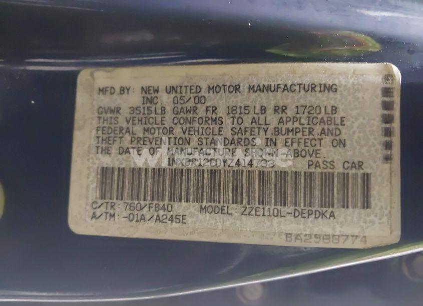 Photo 9 of 2000 Toyota Corolla CE (VIN 1NXBR12E0YZ414733)