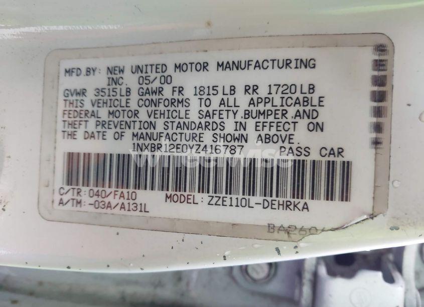 Photo 9 of 2000 Toyota Corolla VE (VIN 1NXBR12E0YZ416787)