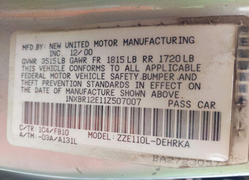 Photo 9 of 2001 Toyota Corolla CE (VIN 1NXBR12E11Z507007)