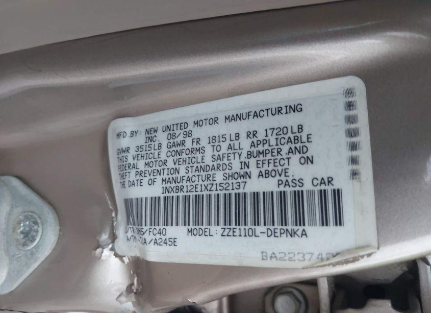 Photo 9 of 1999 Toyota Corolla LE (VIN 1NXBR12E1XZ152137)