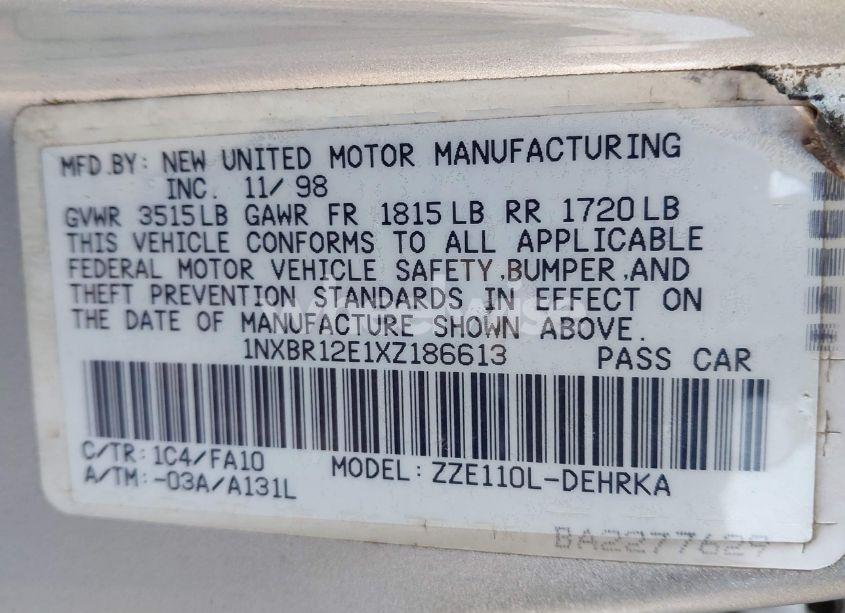 Photo 9 of 1999 Toyota Corolla VE (VIN 1NXBR12E1XZ186613)