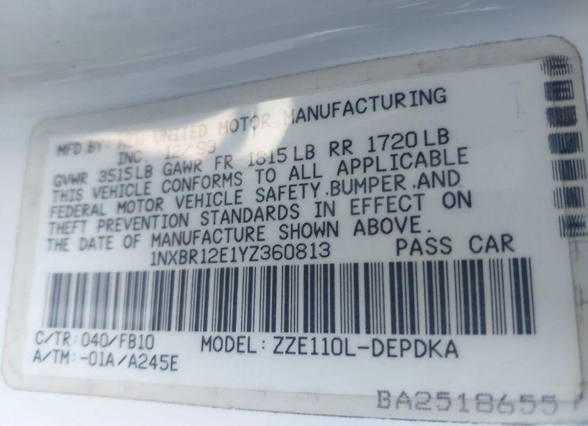 Photo 9 of 2000 Toyota Corolla CE (VIN 1NXBR12E1YZ360813)