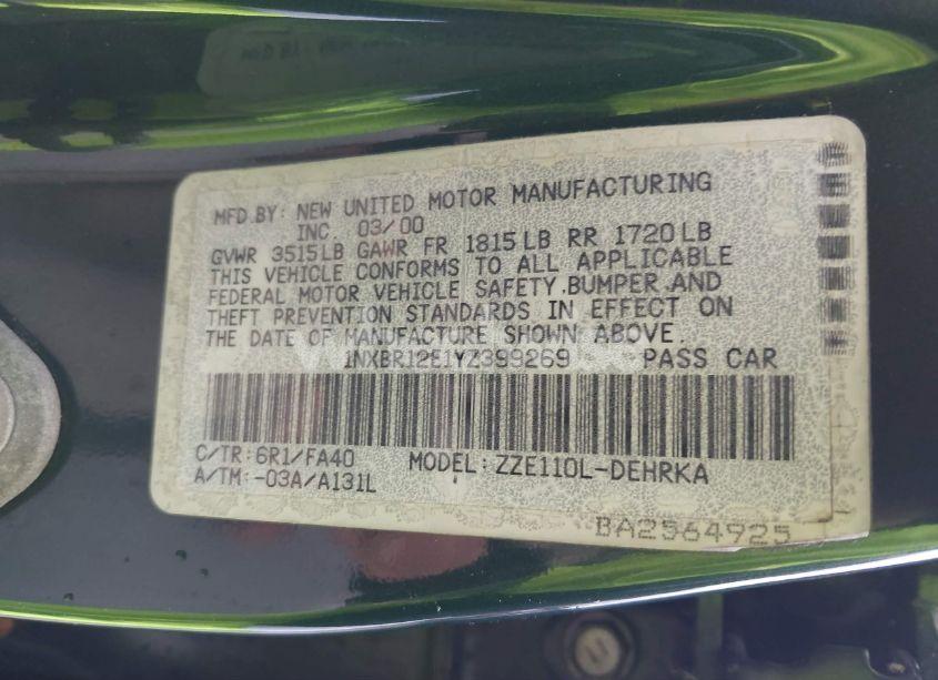 Photo 9 of 2000 Toyota Corolla VE (VIN 1NXBR12E1YZ399269)