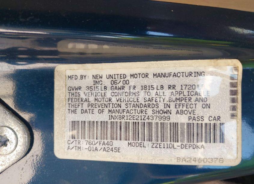 Photo 9 of 2001 Toyota Corolla LE (VIN 1NXBR12E21Z437999)