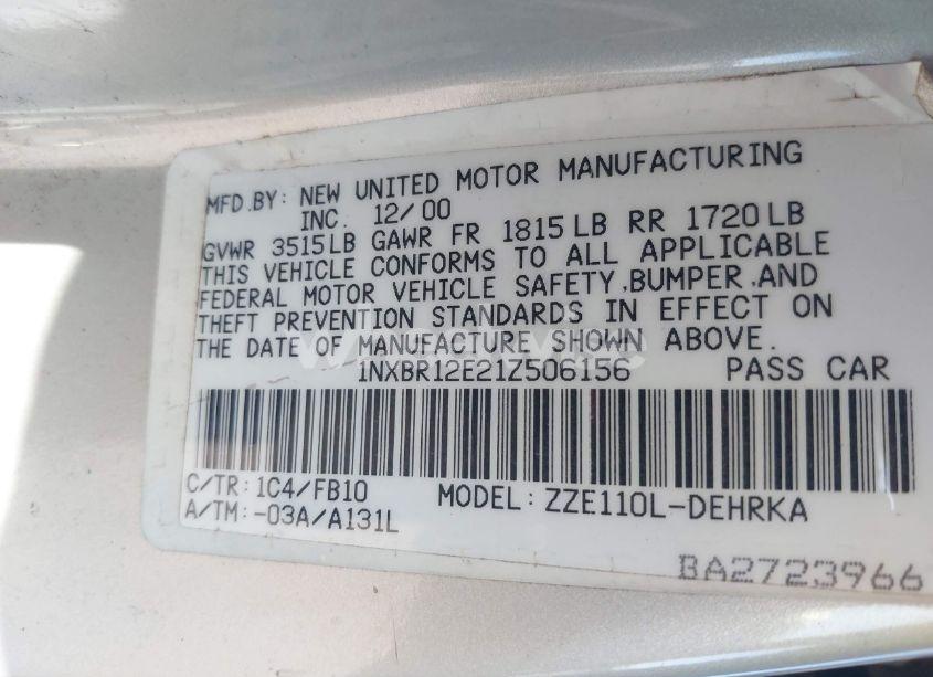 Photo 9 of 2001 Toyota Corolla CE/LE/S (VIN 1NXBR12E21Z506156)