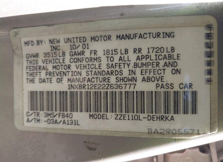 Photo 9 of 2002 Toyota Corolla CE (VIN 1NXBR12E22Z636777)