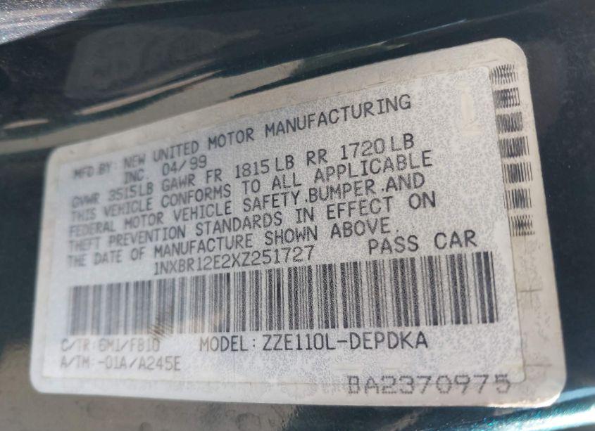 Photo 9 of 1999 Toyota Corolla CE (VIN 1NXBR12E2XZ251727)