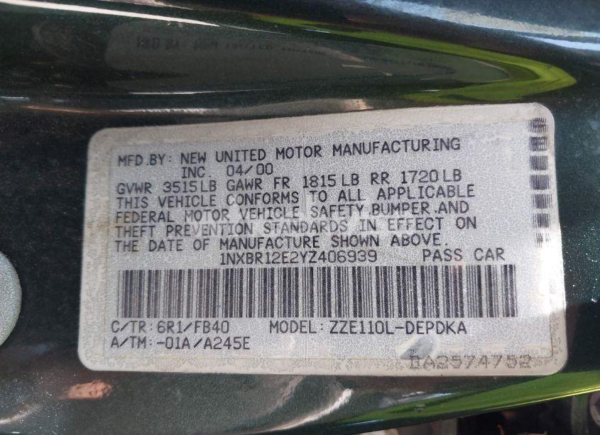 Photo 9 of 2000 Toyota Corolla CE (VIN 1NXBR12E2YZ406939)