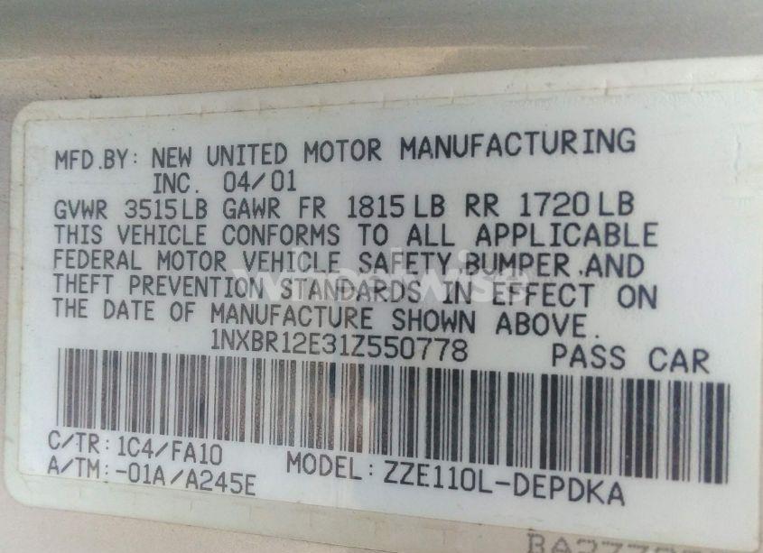 Photo 9 of 2001 Toyota Corolla LE (VIN 1NXBR12E31Z550778)