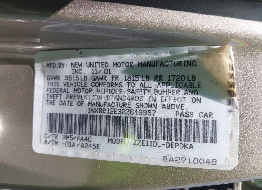 Photo 9 of 2002 Toyota Corolla LE (VIN 1NXBR12E32Z649957)