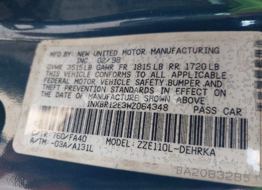 Photo 9 of 1998 Toyota Corolla (VIN 1NXBR12E3WZ064348)