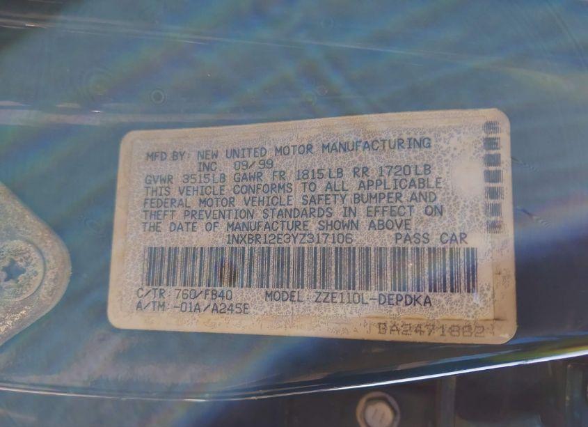 Photo 9 of 2000 Toyota Corolla CE (VIN 1NXBR12E3YZ317106)