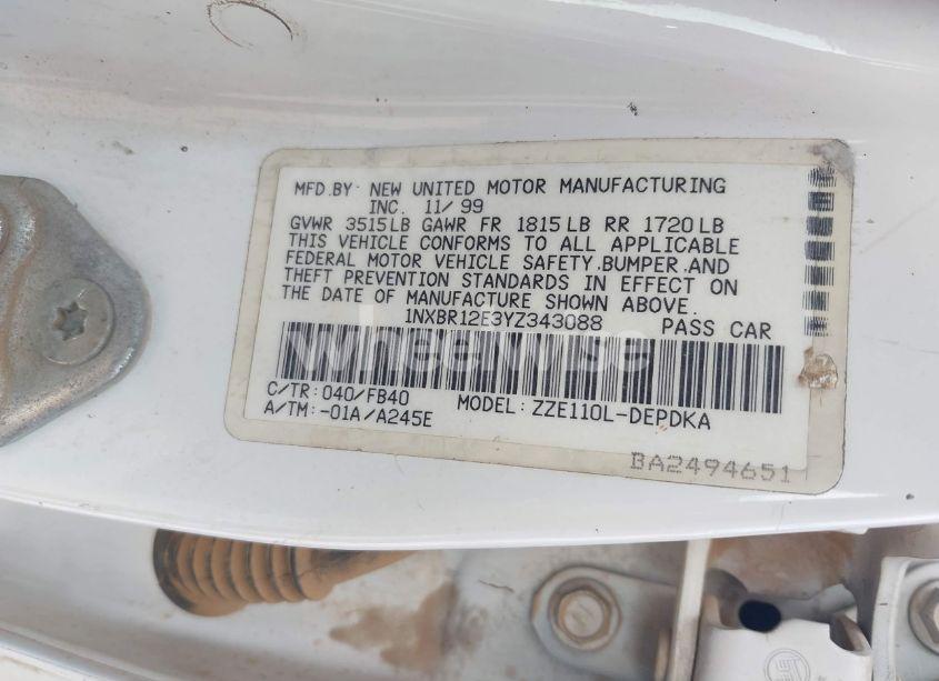 Photo 9 of 2000 Toyota Corolla CE/LE/VE (VIN 1NXBR12E3YZ343088)