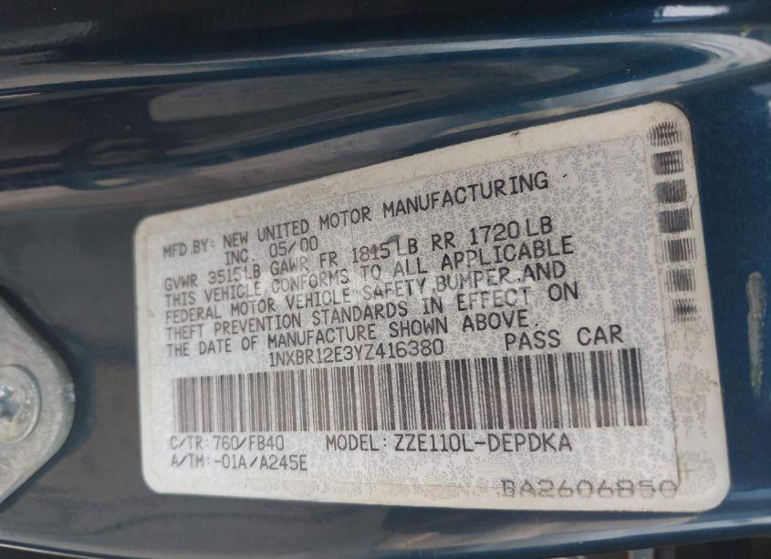 Photo 9 of 2000 Toyota Corolla CE (VIN 1NXBR12E3YZ416380)