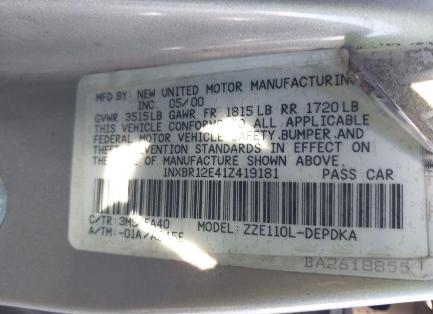 Photo 9 of 2001 Toyota Corolla LE (VIN 1NXBR12E41Z419181)